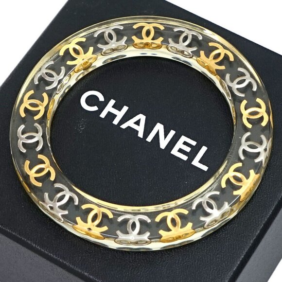 CHANEL CC Logos Clear Lucite Bangle Bracelet 7.8" Gold Tone 97P Auth w/Box #2240 - Picture 14 of 16